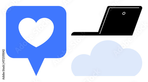 Laptop, heart in speech bubble, and cloud highlight online interaction, data sharing, and tech innovation. Ideal for social media, cloud computing, remote work, content sharing digital love