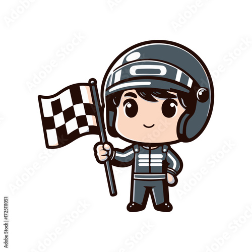 Cartoon character of a race official holding a checkered flag, smiling, in a simple background