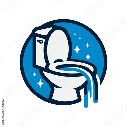 Clean and sparkling toilet with flowing water in a bright blue circular background, symbolizing hygiene