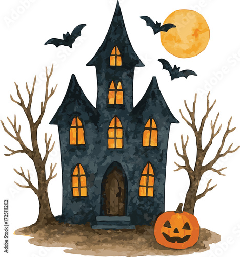 Vector realistic watercolor illustration of a halloween haunted house