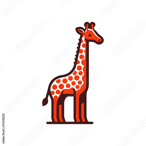 Colorful giraffe illustration with polka dots standing against a plain background