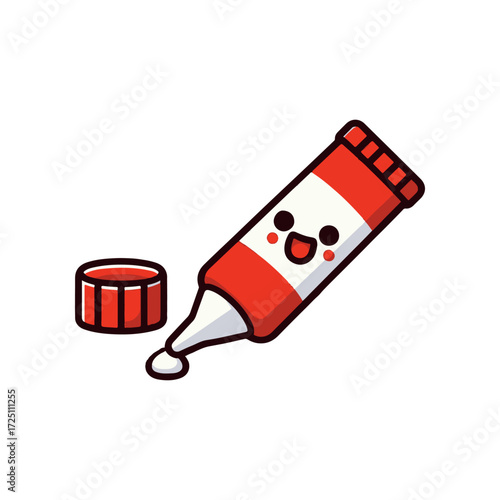 Cartoon illustration of a cheerful glue tube with cap beside it, on a white background