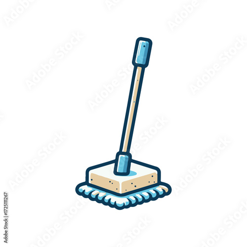 Cartoon illustration of a cleaning mop with a blue handle and white mop head on a plain background