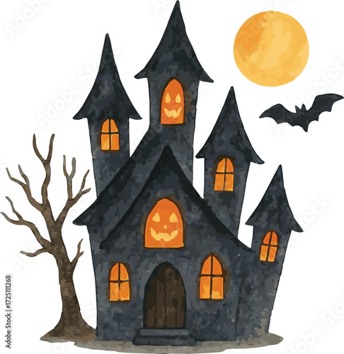 Vector realistic watercolor illustration of a halloween haunted house