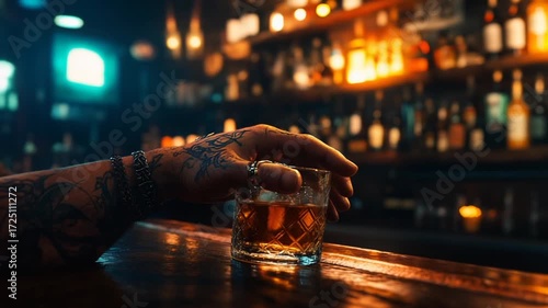 Hand holding a whiskey glass at a dimly lit bar