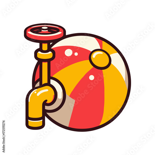 Cartoon illustration of a colorful beach ball next to a valve, evoking summer fun and playfulness