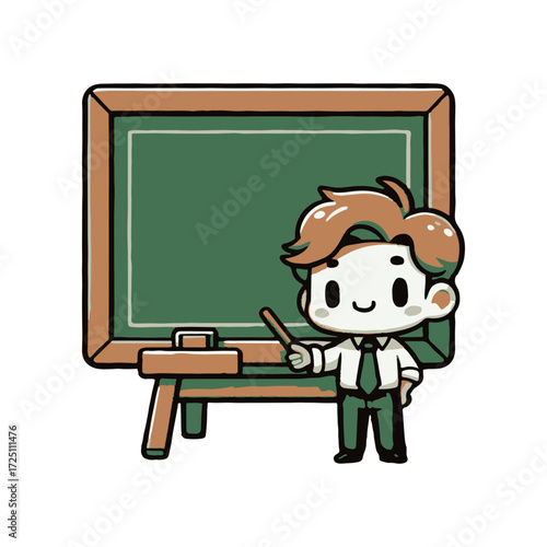 Cartoon teacher pointing at a chalkboard in a classroom setting with a cheerful expression