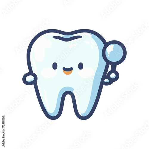 Cartoon tooth character holding a dental mirror, smiling cheerfully in a bright, playful setting