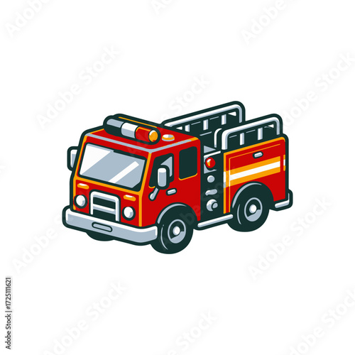 Cartoon-style fire truck with vibrant colors, parked on a white background, ideal for children's illustrations