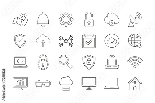 Collection of nature themed line art icons including plants flowers trees and other natural elements present on transparent background