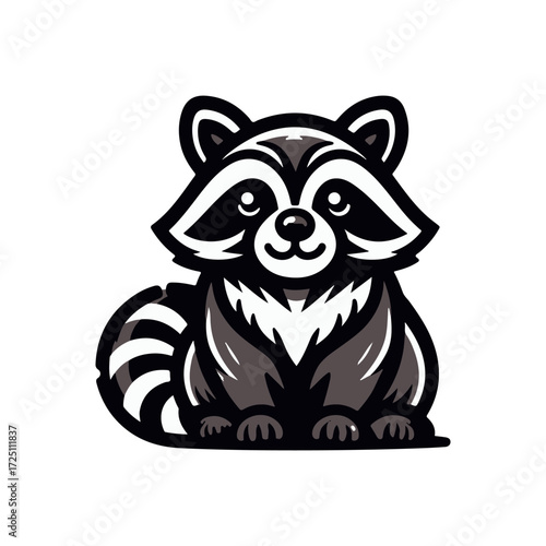 Cute cartoon raccoon character sitting cheerfully against a simple white background