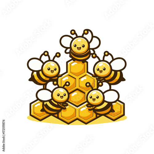 Cheerful cartoon bees gathering honey on a honeycomb structure in a bright, vibrant setting