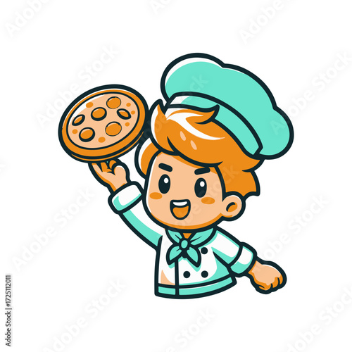 Cheerful cartoon chef skillfully tossing a pizza in a vibrant kitchen setting, showcasing culinary joy