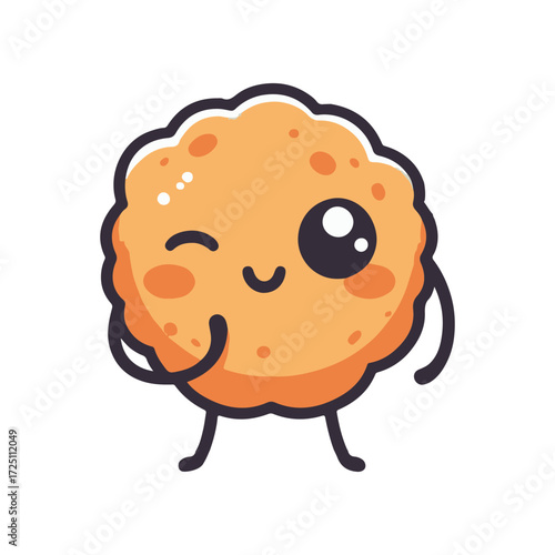 Cheerful cartoon cookie character winking and smiling, set against a simple white background