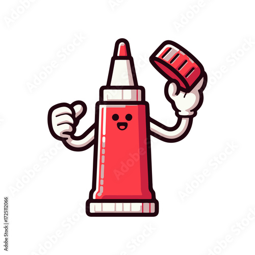 Cheerful cartoon ketchup bottle with arms and a cap, smiling and ready for a fun meal
