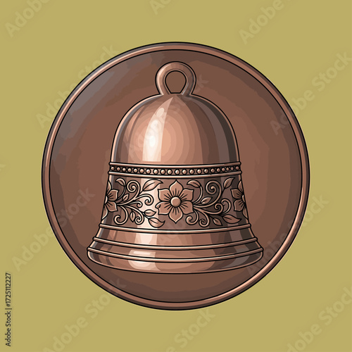 Ornate copper bell depicted on a circular medal, showcasing intricate floral designs.