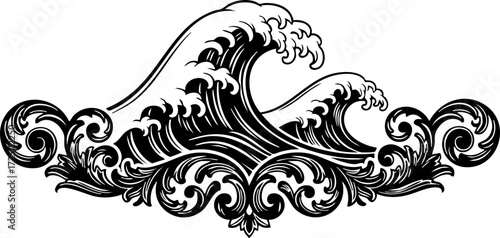 Obraz na płótnie Dynamic ocean waves cresting elegantly amidst ornate decorative flourishes, evoking power and artistic flair for sophisticated designs