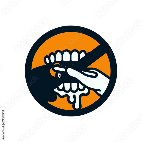 Graphic illustration of a hand holding a toothbrush over a mouth with teeth, symbolizing dental hygiene