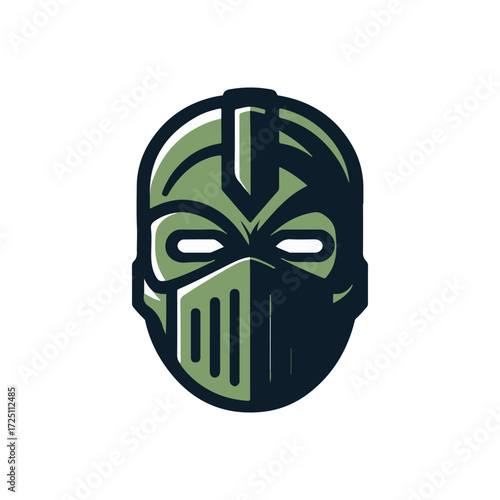 Green helmeted figure with a masked face, set against a minimalist background, symbolizing strength