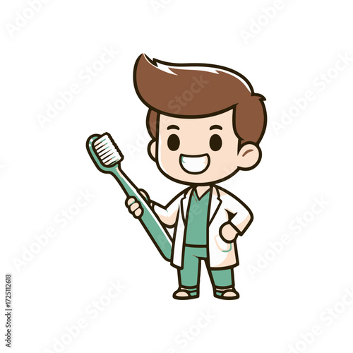 Cheerful dentist character holding a toothbrush in a bright, inviting dental clinic setting