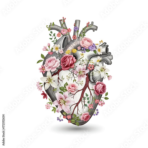 Artistic Heart Blooming with Colorful Flowers A Symbol of Life, Love, and Nature's Beauty