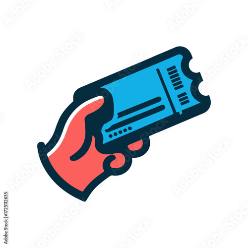 Hand holding a blue ticket, symbolizing entry or access, with a simple design and vibrant colors