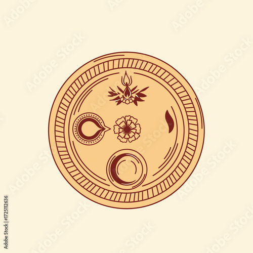 A traditional Indian thali with decorative elements, including diyas, flowers, and a flame, arranged on a round platter.