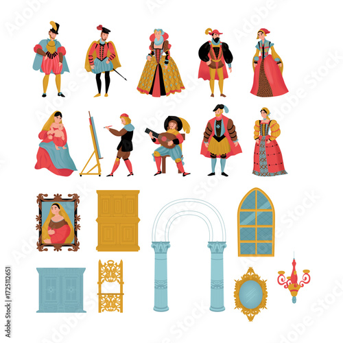A set of isolated illustrations of Renaissance characters in historical costumes and decor