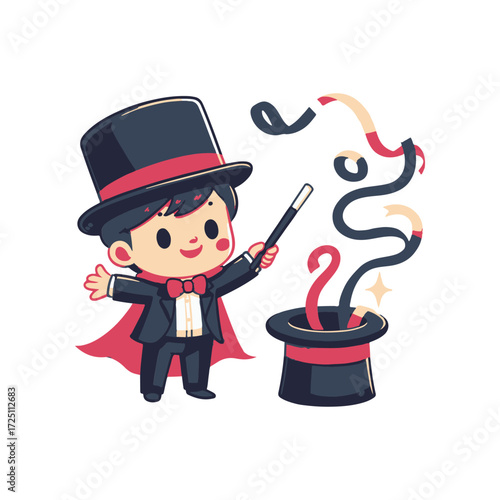 Cheerful magician performing a magic trick, with colorful ribbons emerging from a top hat