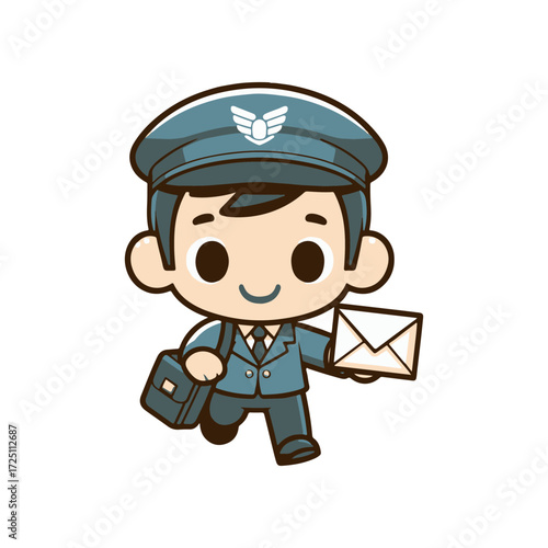 Cheerful mail carrier in uniform delivering a letter, with a briefcase, against a simple background