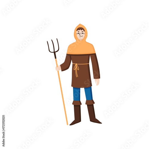 Medieval Farmer Illustration Rustic Character in Brown Robe and Hooded Cloak Holding Pitchfork