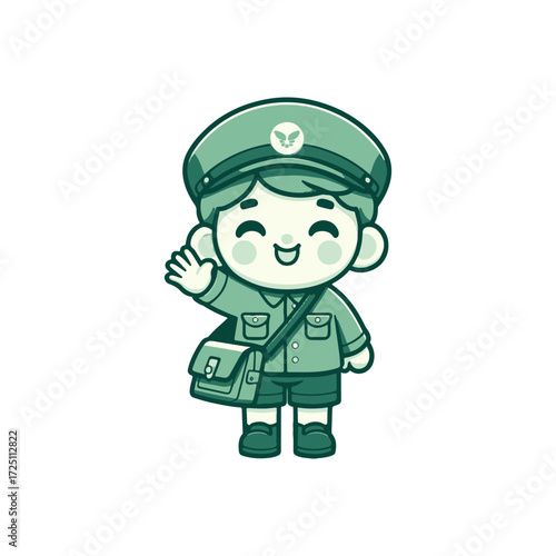Cheerful postal worker character waving in a playful green uniform with a mailbag