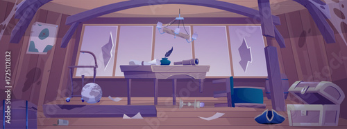 Destroyed and abandoned pirate captain ship cabin, broken wooden room interior in cobweb, empty chest cartoon vector