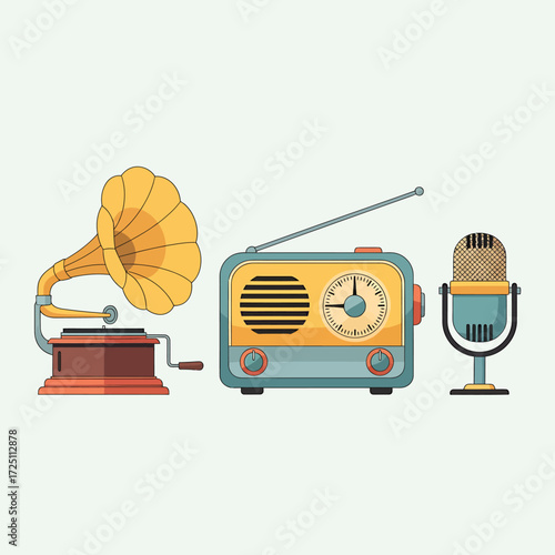 Collection of vintage audio equipment icons with gramophone, radio, and microphone