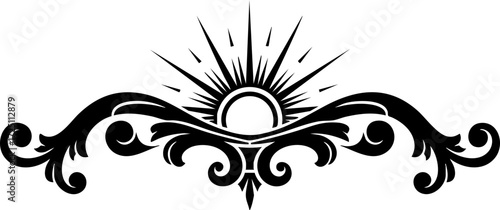 Elegant ornate flourish with radiant sunburst symbolizing new beginnings and prosperity, perfect for branding and design.