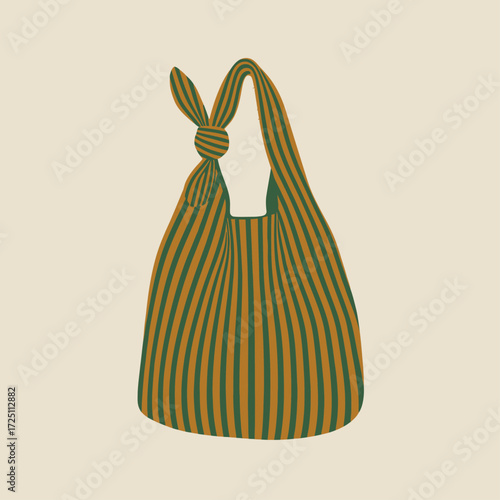 Stylish, striped tote bag with a knotted handle, illustration.