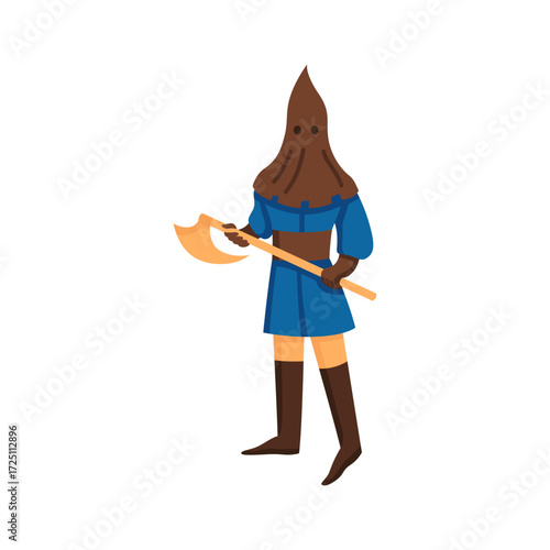 Cartoon Executioner with Axe, Hooded Figure Ready for Grim Task in Blue Tunic