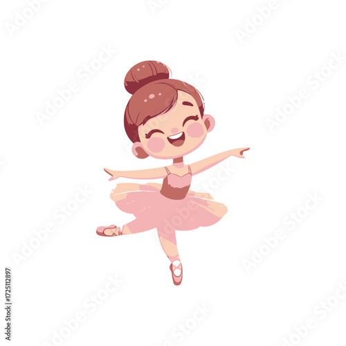 Cheerful young ballerina performing a dance pose in a bright, minimalist setting