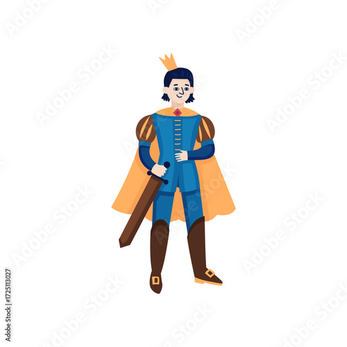 Cartoon Prince with a Sword and a Crown, Dressed in Blue, Facing the Viewer