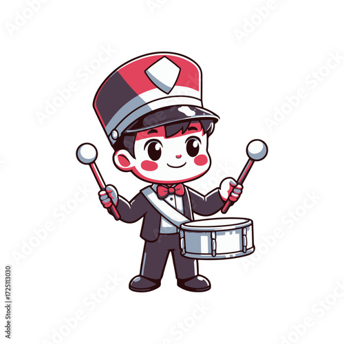 Cheerful young drummer in uniform playing a snare drum, with a festive background atmosphere