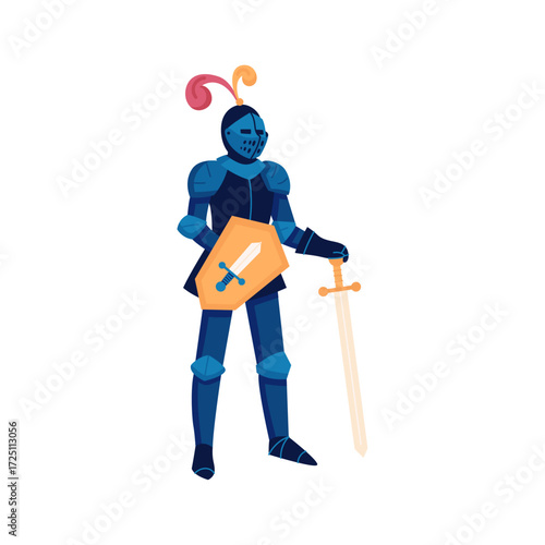 Medieval knight in full blue plate armor holding a sword and shield illustration