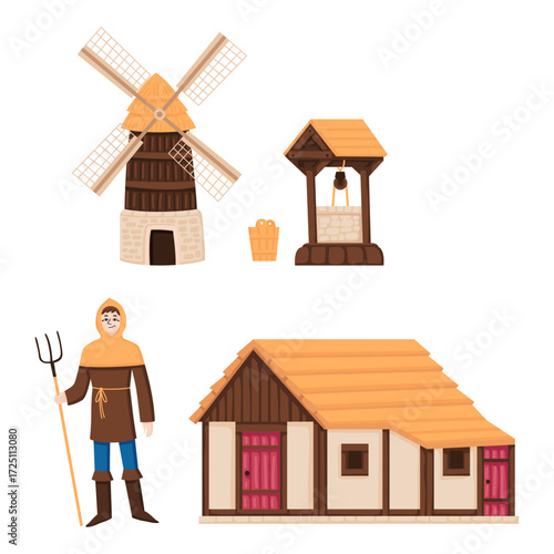 Medieval Village Scene Windmill, Well, Farmer, Cottage Illustration