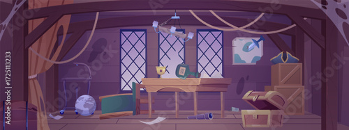Destroyed and abandoned pirate captain ship cabin, vector cartoon broken wooden room interior in cobweb, empty chest