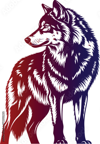 A stylized vector illustration of a wolf, rendered with bold lines and a gradient of red and purple hues. The wolf is depicted in a three-quarter profile, looking over its shoulder