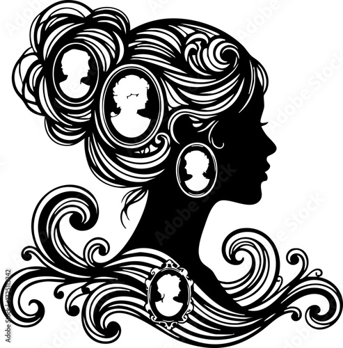 Elegant silhouette woman with intricate hairstyle adorned by vintage cameos, evoking timeless beauty and classic style for sophisticated designs.