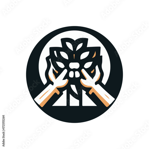 Hands holding a stylized mask surrounded by a circular design, symbolizing culture and heritage