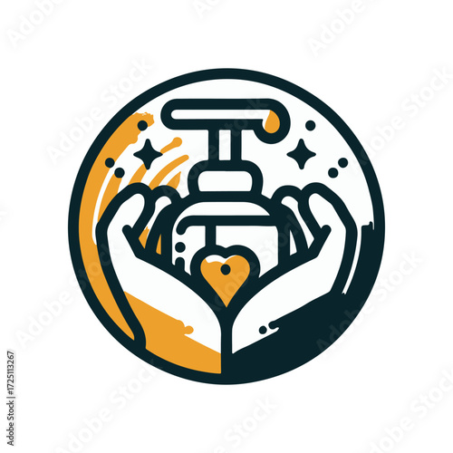 Hands holding a vintage pump bottle, symbolizing care and wellness, with a dynamic backdrop