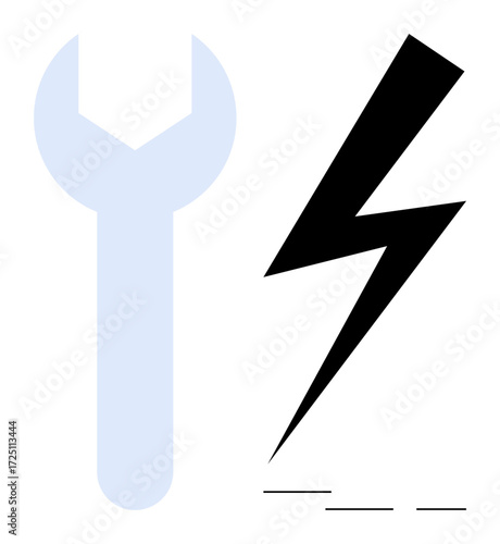 A blue wrench next to a bold lightning bolt, signifying mechanical tools and electrical power. Ideal for maintenance, energy, repair work, engineering, tools, electricity safety. A simple flat
