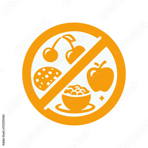 Icon depicting a prohibition sign with fruits and a bowl of cereal, symbolizing dietary restrictions