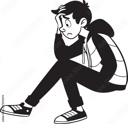 A cartoon student boy is exhausted after studying hard, representing stress and homework overload